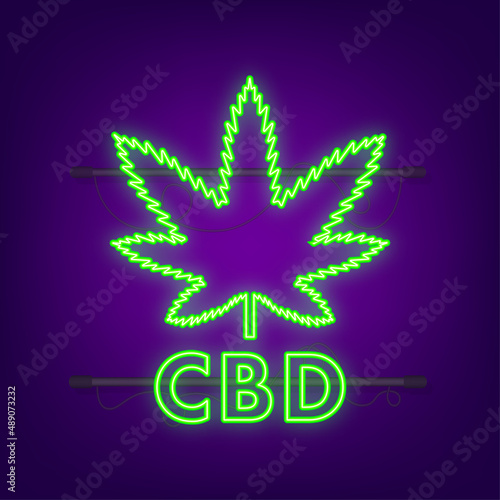 Creative cannabis leaf vector neon icon. Template for CBD Cannabidiol. Vector illustration.