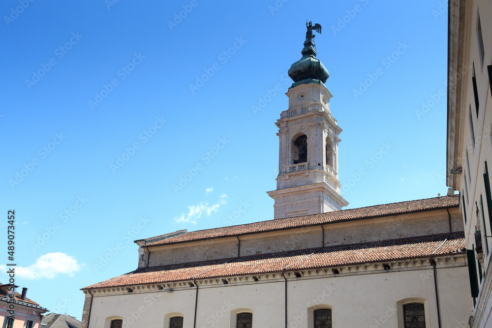 Church Belluno Cathedral with steeple in historic city of Belluno, Italy