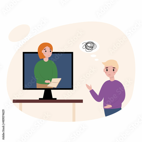 Cartoon illustration of online psychotherapy practice therapy session. Treatment of stress, addictions and mental problems.