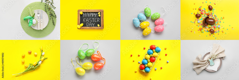 Collage with Easter eggs and tasty candies on color background