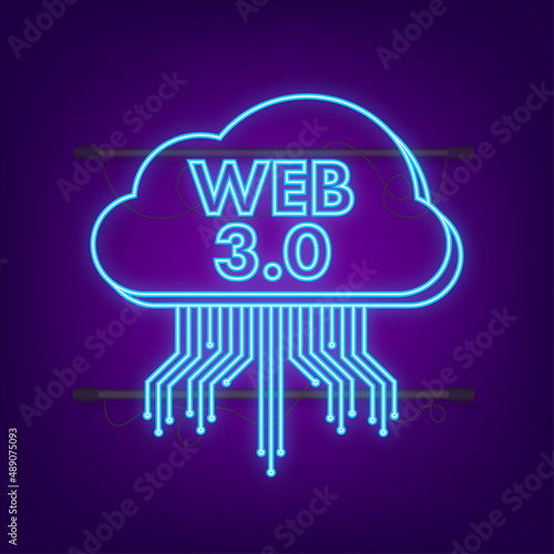 Web 3.0 technology for web design. Internet blockchain technology neon icon. Nft concept. Vector stock illustration.