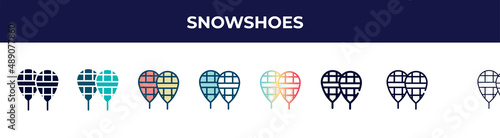 snowshoes icon in 8 styles. line, filled, glyph, thin outline, colorful, stroke and gradient styles, snowshoes vector sign. symbol, logo illustration. different style icons set.