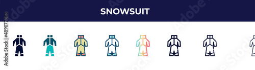 snowsuit icon in 8 styles. line, filled, glyph, thin outline, colorful, stroke and gradient styles, snowsuit vector sign. symbol, logo illustration. different style icons set.