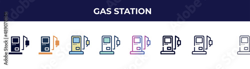 gas station icon in 8 styles. line, filled, glyph, thin outline, colorful, stroke and gradient styles, gas station vector sign. symbol, logo illustration. different style icons set.