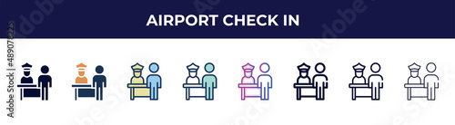 airport check in icon in 8 styles. line, filled, glyph, thin outline, colorful, stroke and gradient styles, airport check in vector sign. symbol, logo illustration. different style icons set.