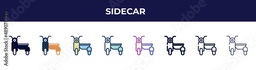 sidecar icon in 8 styles. line, filled, glyph, thin outline, colorful, stroke and gradient styles, sidecar vector sign. symbol, logo illustration. different style icons set.