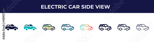 electric car side view icon in 8 styles. line  filled  glyph  thin outline  colorful  stroke and gradient styles  electric car side view vector sign. symbol  logo illustration. different style icons