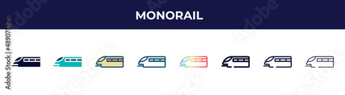 monorail icon in 8 styles. line, filled, glyph, thin outline, colorful, stroke and gradient styles, monorail vector sign. symbol, logo illustration. different style icons set.