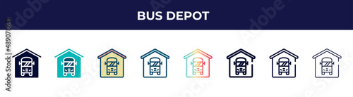 bus depot icon in 8 styles. line, filled, glyph, thin outline, colorful, stroke and gradient styles, bus depot vector sign. symbol, logo illustration. different style icons set.