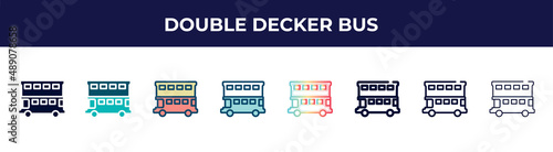 double decker bus icon in 8 styles. line, filled, glyph, thin outline, colorful, stroke and gradient styles, double decker bus vector sign. symbol, logo illustration. different style icons set.