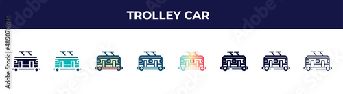 trolley car icon in 8 styles. line  filled  glyph  thin outline  colorful  stroke and gradient styles  trolley car vector sign. symbol  logo illustration. different style icons set.