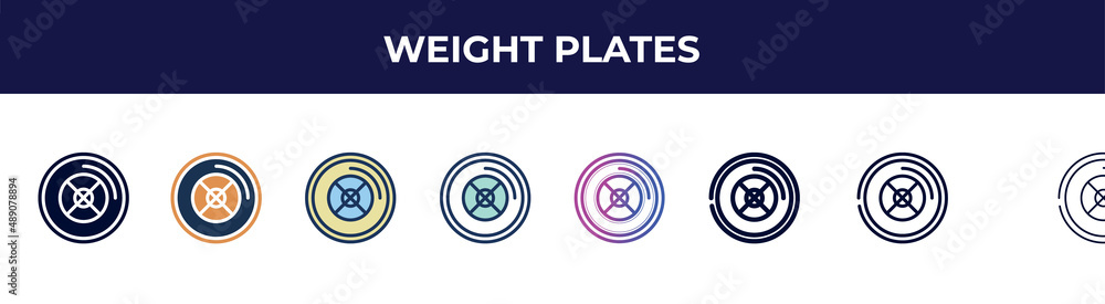 weight plates icon in 8 styles. line, filled, glyph, thin outline, colorful, stroke and gradient styles, weight plates vector sign. symbol, logo illustration. different style icons set. weight plates icon in 8 styles. line, filled, glyph, thin outline, colorful, stroke and gradient styles, weight plates vector sign. symbol, logo illustration. different style icons set.