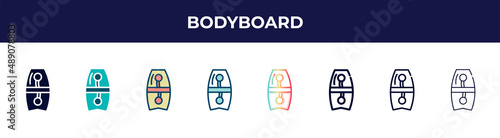bodyboard icon in 8 styles. line, filled, glyph, thin outline, colorful, stroke and gradient styles, bodyboard vector sign. symbol, logo illustration. different style icons set.