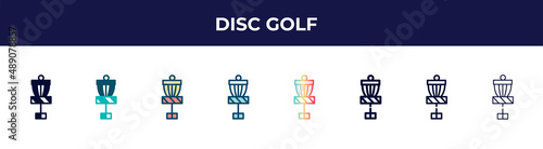 disc golf icon in 8 styles. line, filled, glyph, thin outline, colorful, stroke and gradient styles, disc golf vector sign. symbol, logo illustration. different style icons set.