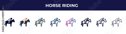 horse riding icon in 8 styles. line  filled  glyph  thin outline  colorful  stroke and gradient styles  horse riding vector sign. symbol  logo illustration. different style icons set.