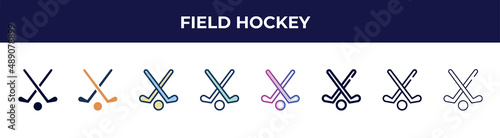 field hockey icon in 8 styles. line, filled, glyph, thin outline, colorful, stroke and gradient styles, field hockey vector sign. symbol, logo illustration. different style icons set. photo