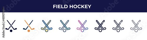 field hockey icon in 8 styles. line, filled, glyph, thin outline, colorful, stroke and gradient styles, field hockey vector sign. symbol, logo illustration. different style icons set.
