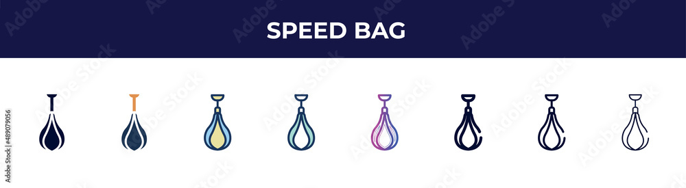 speed bag icon in 8 styles. line, filled, glyph, thin outline, colorful, stroke and gradient styles, speed bag vector sign. symbol, logo illustration. different style icons set.