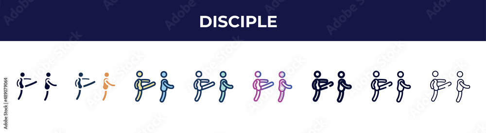 disciple icon in 8 styles. line, filled, glyph, thin outline, colorful, stroke and gradient styles, disciple vector sign. symbol, logo illustration. different style icons set.
