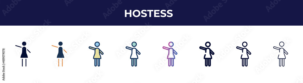 hostess icon in 8 styles. line, filled, glyph, thin outline, colorful, stroke and gradient styles, hostess vector sign. symbol, logo illustration. different style icons set. hostess icon in 8 styles. line, filled, glyph, thin outline, colorful, stroke and gradient styles, hostess vector sign. symbol, logo illustration. different style icons set.