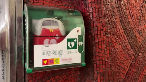 Close-up of automated external defibrillator (AED cardiac defibrillator box) at the station  photo