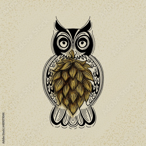Beer owl tattoo illustration with hop cone photo