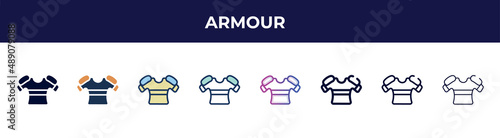 armour icon in 8 styles. line, filled, glyph, thin outline, colorful, stroke and gradient styles, armour vector sign. symbol, logo illustration. different style icons set.