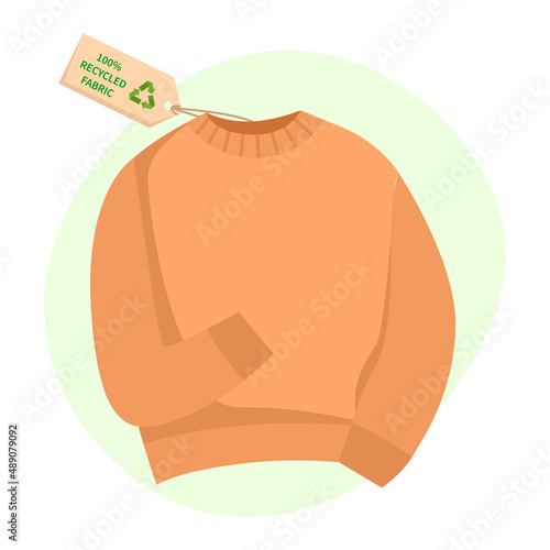 Clothes with label - 100 recycled fabric, percent sign. Sweater with eco label