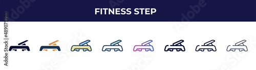 fitness step icon in 8 styles. line, filled, glyph, thin outline, colorful, stroke and gradient styles, fitness step vector sign. symbol, logo illustration. different style icons set.