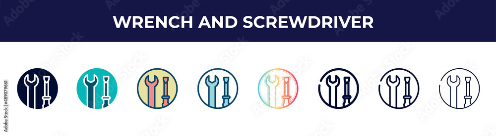 wrench and screwdriver icon in 8 styles. line, filled, glyph, thin outline, colorful, stroke and gradient styles, wrench and screwdriver vector sign. symbol, logo illustration. different style icons wrench and screwdriver icon in 8 styles. line, filled, glyph, thin outline, colorful, stroke and gradient styles, wrench and screwdriver vector sign. symbol, logo illustration. different style icons