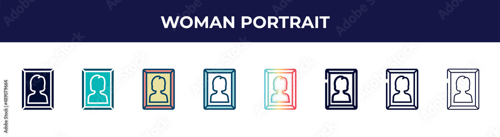 Fototapeta premium woman portrait icon in 8 styles. line, filled, glyph, thin outline, colorful, stroke and gradient styles, woman portrait vector sign. symbol, logo illustration. different style icons set.