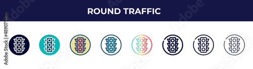 round traffic icon in 8 styles. line, filled, glyph, thin outline, colorful, stroke and gradient styles, round traffic vector sign. symbol, logo illustration. different style icons set.