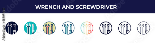 Wallpaper Mural wrench and screwdriver icon in 8 styles. line, filled, glyph, thin outline, colorful, stroke and gradient styles, wrench and screwdriver vector sign. symbol, logo illustration. different style icons Torontodigital.ca