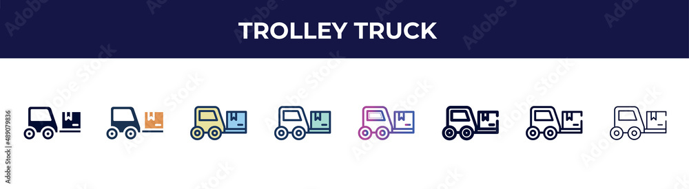 trolley truck icon in 8 styles. line, filled, glyph, thin outline, colorful, stroke and gradient styles, trolley truck vector sign. symbol, logo illustration. different style icons set. trolley truck icon in 8 styles. line, filled, glyph, thin outline, colorful, stroke and gradient styles, trolley truck vector sign. symbol, logo illustration. different style icons set.