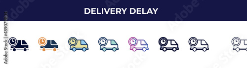 delivery delay icon in 8 styles. line, filled, glyph, thin outline, colorful, stroke and gradient styles, delivery delay vector sign. symbol, logo illustration. different style icons set.