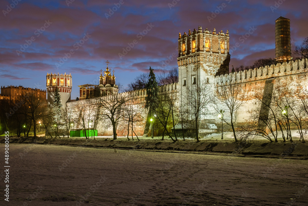 Russia, Moscow, the walls of the Novodevichy Monastery, on a winter evening.
