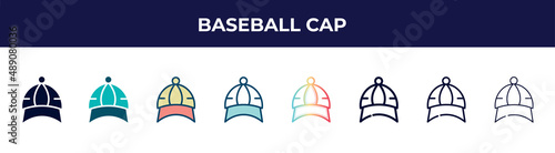 baseball cap icon in 8 styles. line, filled, glyph, thin outline, colorful, stroke and gradient styles, baseball cap vector sign. symbol, logo illustration. different style icons set.