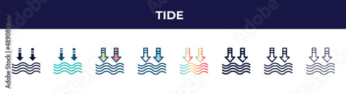 tide icon in 8 styles. line, filled, glyph, thin outline, colorful, stroke and gradient styles, tide vector sign. symbol, logo illustration. different style icons set.