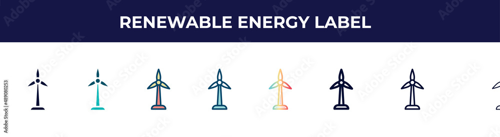 renewable energy label icon in 8 styles. line, filled, glyph, thin outline, colorful, stroke and gradient styles, renewable energy label vector sign. symbol, logo illustration. different style icons