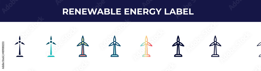 renewable energy label icon in 8 styles. line, filled, glyph, thin outline, colorful, stroke and gradient styles, renewable energy label vector sign. symbol, logo illustration. different style icons renewable energy label icon in 8 styles. line, filled, glyph, thin outline, colorful, stroke and gradient styles, renewable energy label vector sign. symbol, logo illustration. different style icons