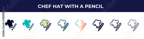 chef hat with a pencil icon in 8 styles. line, filled, glyph, thin outline, colorful, stroke and gradient styles, chef hat with a pencil vector sign. symbol, logo illustration. different style icons