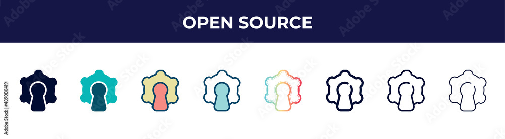 open source icon in 8 styles. line, filled, glyph, thin outline, colorful, stroke and gradient styles, open source vector sign. symbol, logo illustration. different style icons set.
