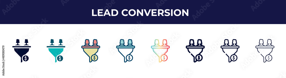 lead conversion icon in 8 styles. line, filled, glyph, thin outline, colorful, stroke and gradient styles, lead conversion vector sign. symbol, logo illustration. different style icons set. lead conversion icon in 8 styles. line, filled, glyph, thin outline, colorful, stroke and gradient styles, lead conversion vector sign. symbol, logo illustration. different style icons set.