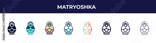 matryoshka icon in 8 styles. line, filled, glyph, thin outline, colorful, stroke and gradient styles, matryoshka vector sign. symbol, logo illustration. different style icons set.
