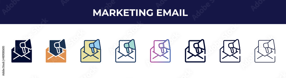 marketing email icon in 8 styles. line, filled, glyph, thin outline, colorful, stroke and gradient styles, marketing email vector sign. symbol, logo illustration. different style icons set. marketing email icon in 8 styles. line, filled, glyph, thin outline, colorful, stroke and gradient styles, marketing email vector sign. symbol, logo illustration. different style icons set.