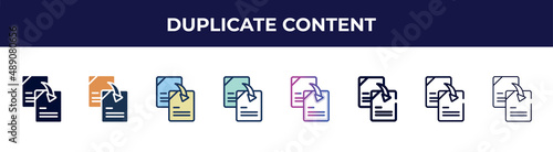 duplicate content icon in 8 styles. line, filled, glyph, thin outline, colorful, stroke and gradient styles, duplicate content vector sign. symbol, logo illustration. different style icons set.