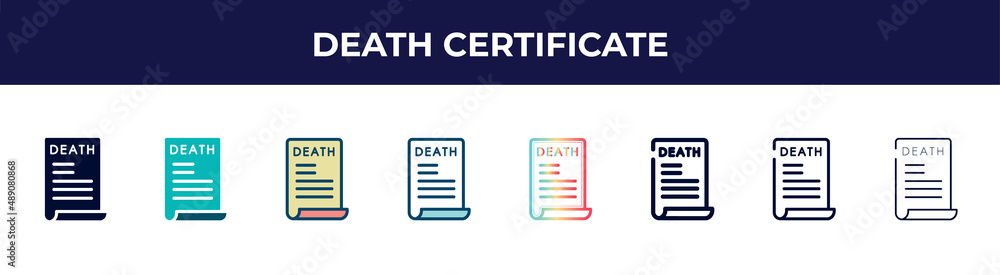 death certificate icon in 8 styles. line, filled, glyph, thin outline, colorful, stroke and gradient styles, death certificate vector sign. symbol, logo illustration. different style icons set. death certificate icon in 8 styles. line, filled, glyph, thin outline, colorful, stroke and gradient styles, death certificate vector sign. symbol, logo illustration. different style icons set.