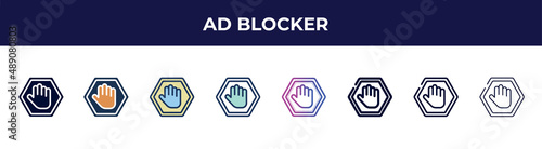 ad blocker icon in 8 styles. line, filled, glyph, thin outline, colorful, stroke and gradient styles, ad blocker vector sign. symbol, logo illustration. different style icons set.