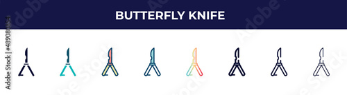 butterfly knife icon in 8 styles. line, filled, glyph, thin outline, colorful, stroke and gradient styles, butterfly knife vector sign. symbol, logo illustration. different style icons set.