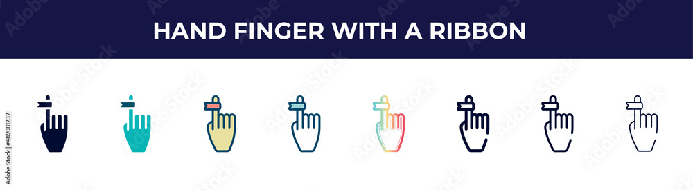 hand finger with a ribbon icon in 8 styles. line, filled, glyph, thin outline, colorful, stroke and gradient styles, hand finger with a ribbon vector sign. symbol, logo illustration. different style hand finger with a ribbon icon in 8 styles. line, filled, glyph, thin outline, colorful, stroke and gradient styles, hand finger with a ribbon vector sign. symbol, logo illustration. different style